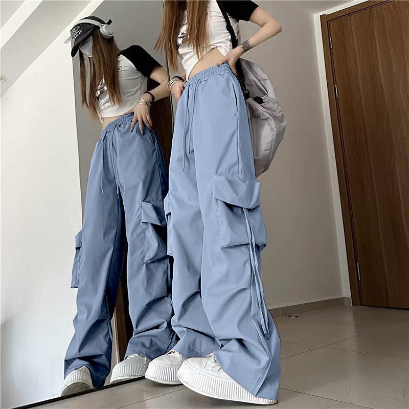 American Style Vintage Overalls Women's Three-Dimensional Pocket High Waist Straight Wide Leg Ribbon Loose Casual Trousers