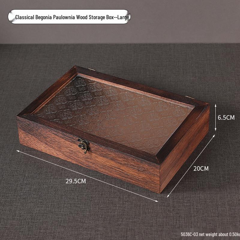 Retro Begonia Glass Lid Wooden Storage Box for Sundries, Dried Fruits, Cosmetics, and Documents