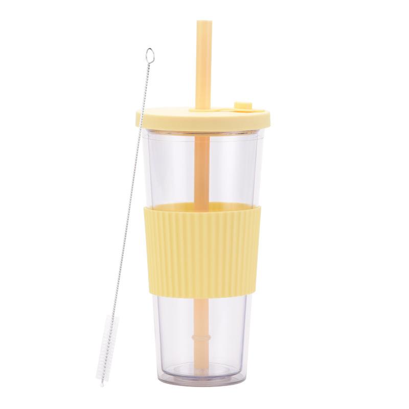 2025 Large Capacity Double Layer Plastic Cup Large Hole Straw Pearl Boba Milk Tea Cup Portable Outdoor Straw Cup