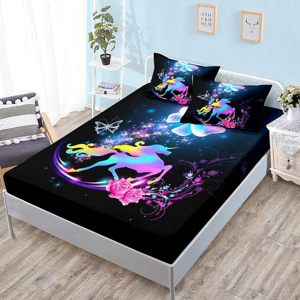 Cartoon Unicorn Mattress Kit, Mattress Three-Piece Set, Bedspread, Pillowcase, Mattress Protective Cover.