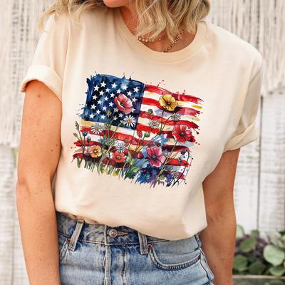 Floral American Flag Shirt, 4th Of July Tshirt, Women's Independence Day Gift, Patriotic Girl Tee, USA Flag Outfit, Red White And Blue Shirt