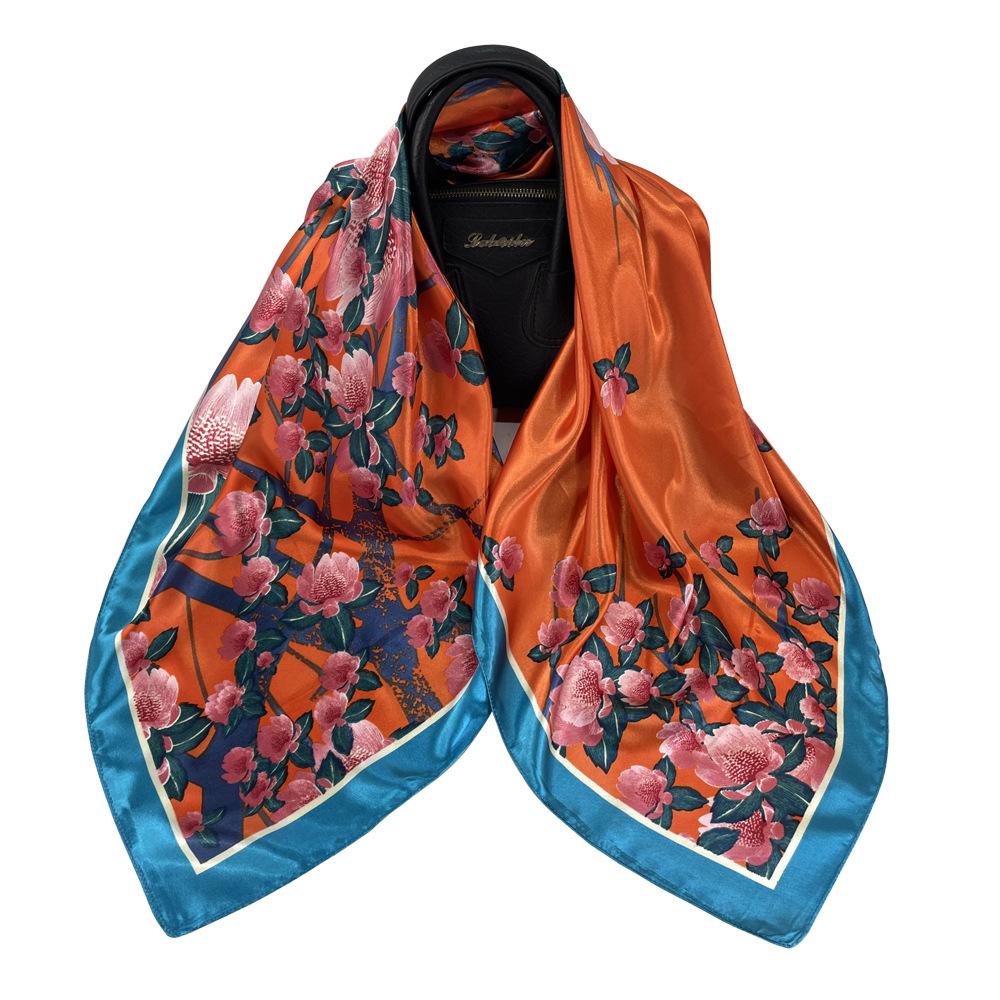 90*90Cm Women Elegant Floral Printed Square Imitation Silk Scarf Hijab Women Luxury Sunscreen And Dustproof Kerchief Head Scarf