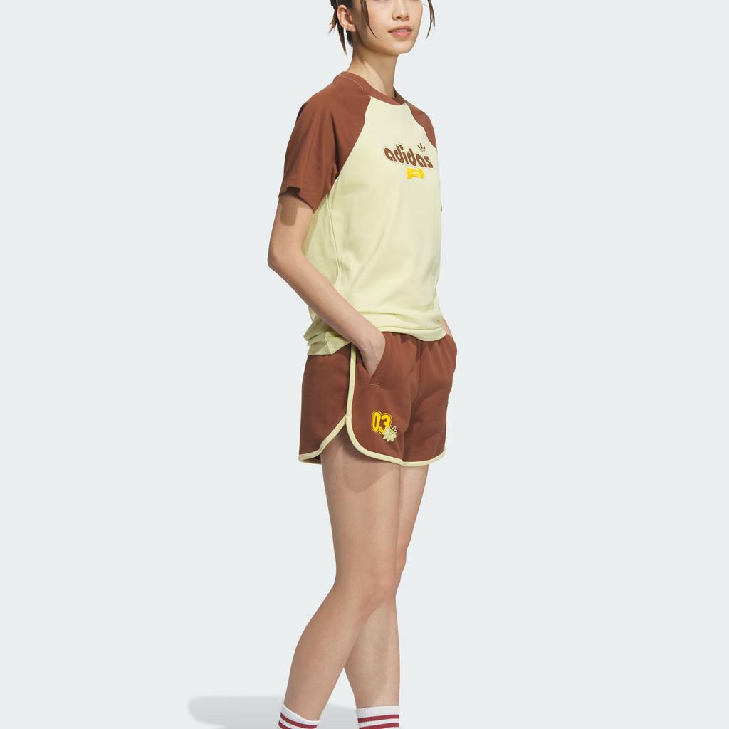 adidas Originals Retro Camp Graphic Loose Comfortable Simple Round Neck Short Sleeve Raglan T-Shirt Women T-Shirt Powder-Yellow Soft-Brown JM8007