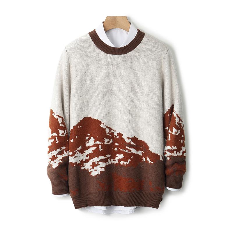 Men's High-End Pure Wool Patchwork Sweater - Winter Round Neck Cashmere Knit, New Style Base Layer