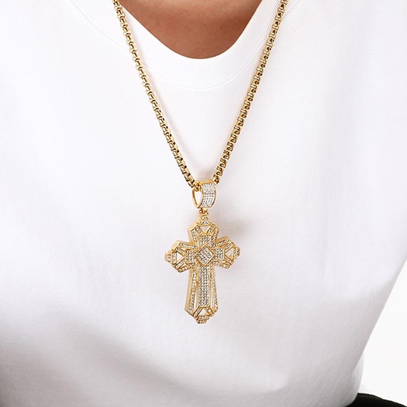 Stainless Steel Iced Out Cross Pendant Necklace for Men 18K Gold Color Cubic Zirconia Jewelry Chunky Rock Party Accessory