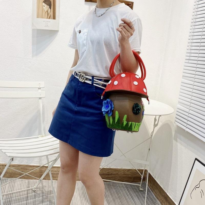 Bag Women'S Bag Splicing Contrasting Color Retro Handbag Handmade Creative Niche Design Mushroom Bag