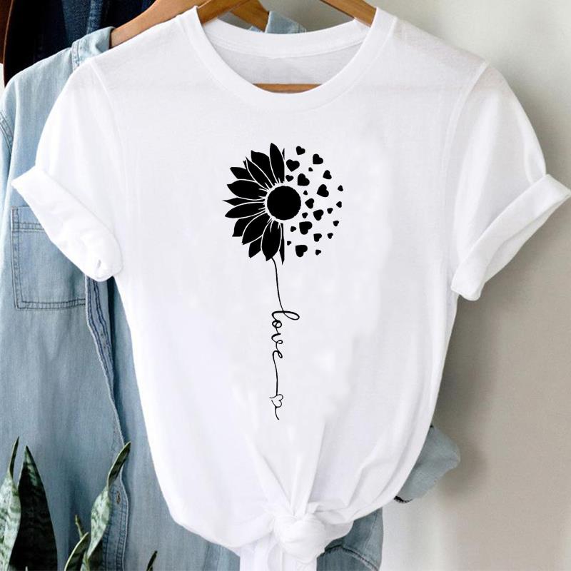 

(European Size) Watercolor Women Print Love Heart Style Cute Lady Short Sleeve Tee Top Clothing Casual Fashion Tshirt Female Graphic T-shirt 4XL