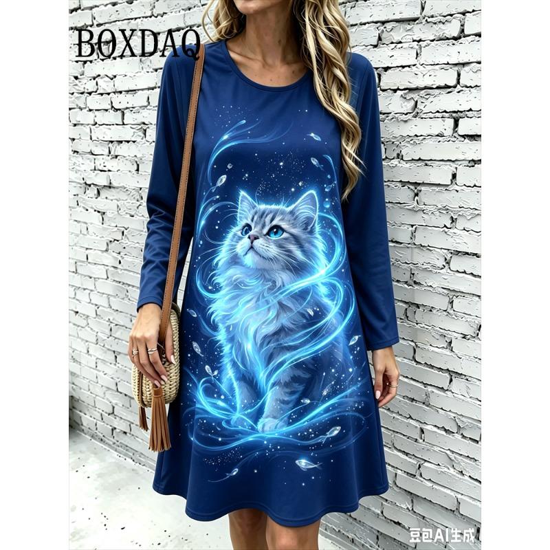 Women's Elegant Party Mini Dress Loose Crew Neck Short Sleeve Home Dress Summer Casual Daily Graphic Animal Cats 3D Print Dress