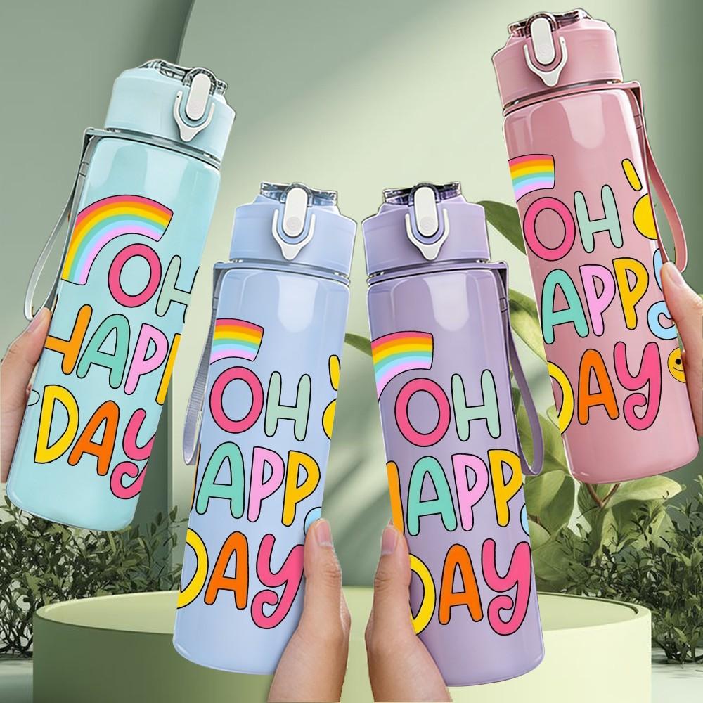 1PC Oh Happy Day Rainbow Sun Cute Art Print 750ml Color Plastic Sports Water Bottle Leakproof Flip Straw Lid Suitable for Sports Office Home Use