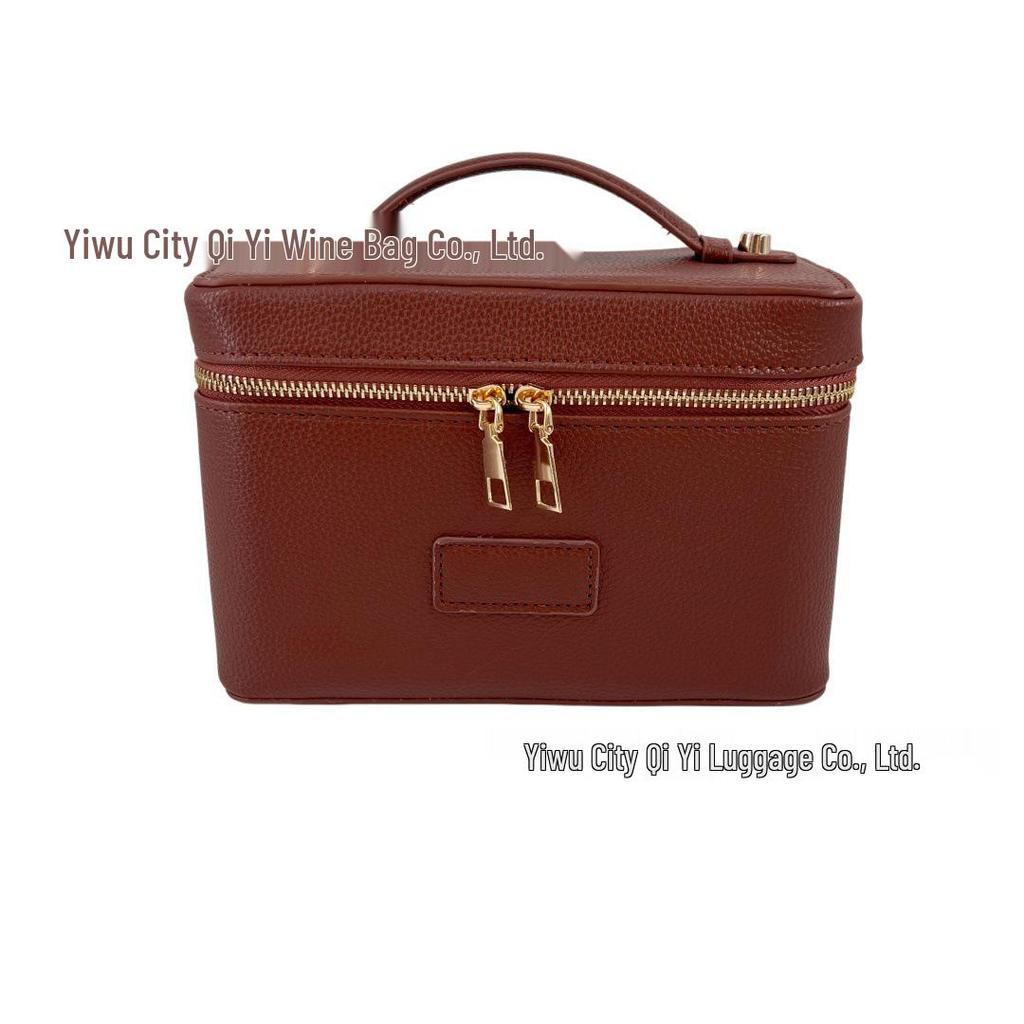 Portable Cross-Grain Leather Cosmetic Bag with Gold Hardware - Makeup and Skincare Travel Organizer