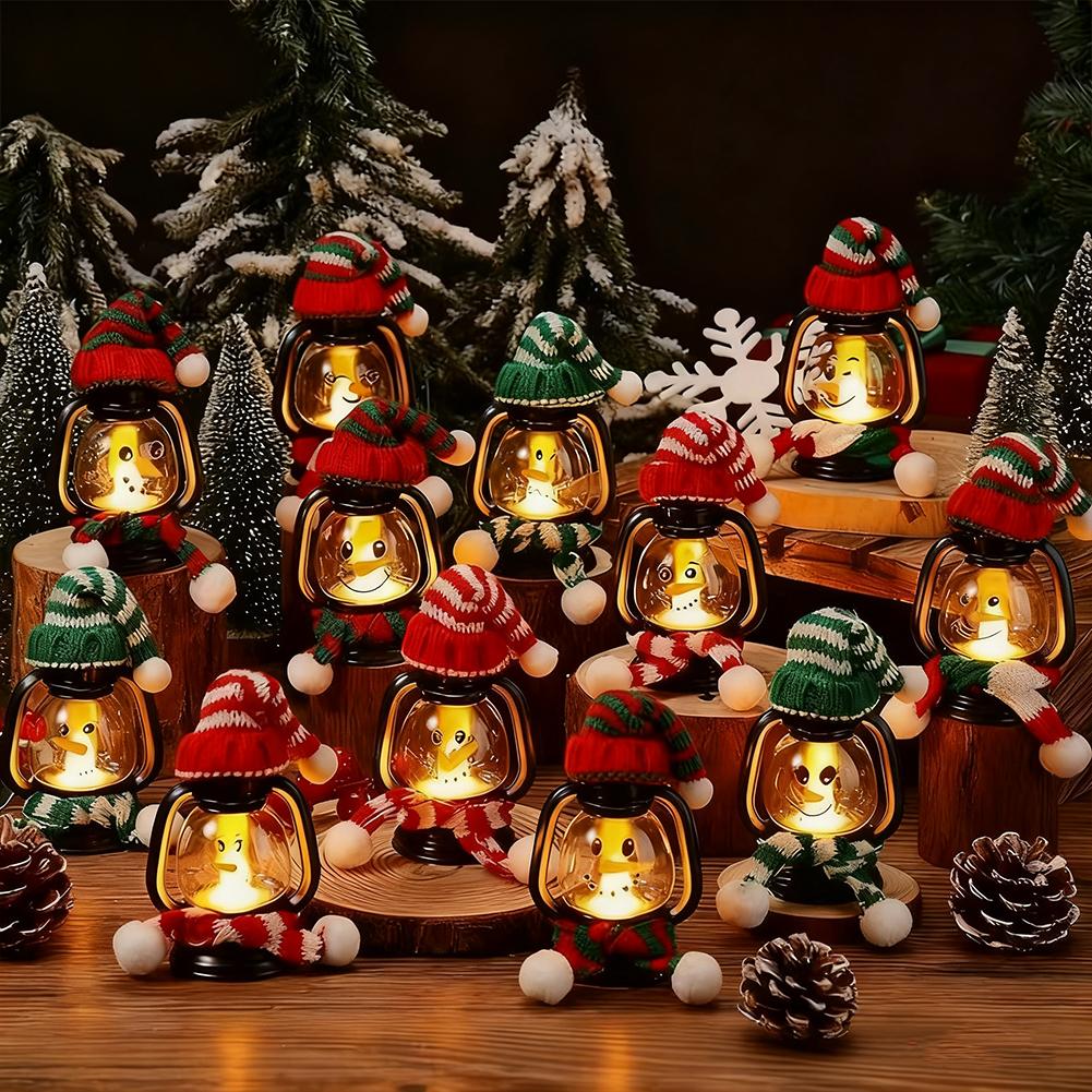 Retro Small Oil Lamp Halloween LED Snowman Lantern Light 12 Expressions With Hat Scarf Holiday Party Home Festive Decoration