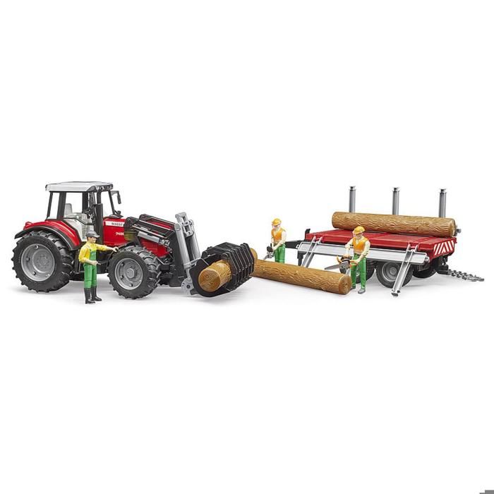 Tracteur MASSEY FERGUSON 7480 Avec Fourche Et Remorque De Transport De Bois - BRUDER