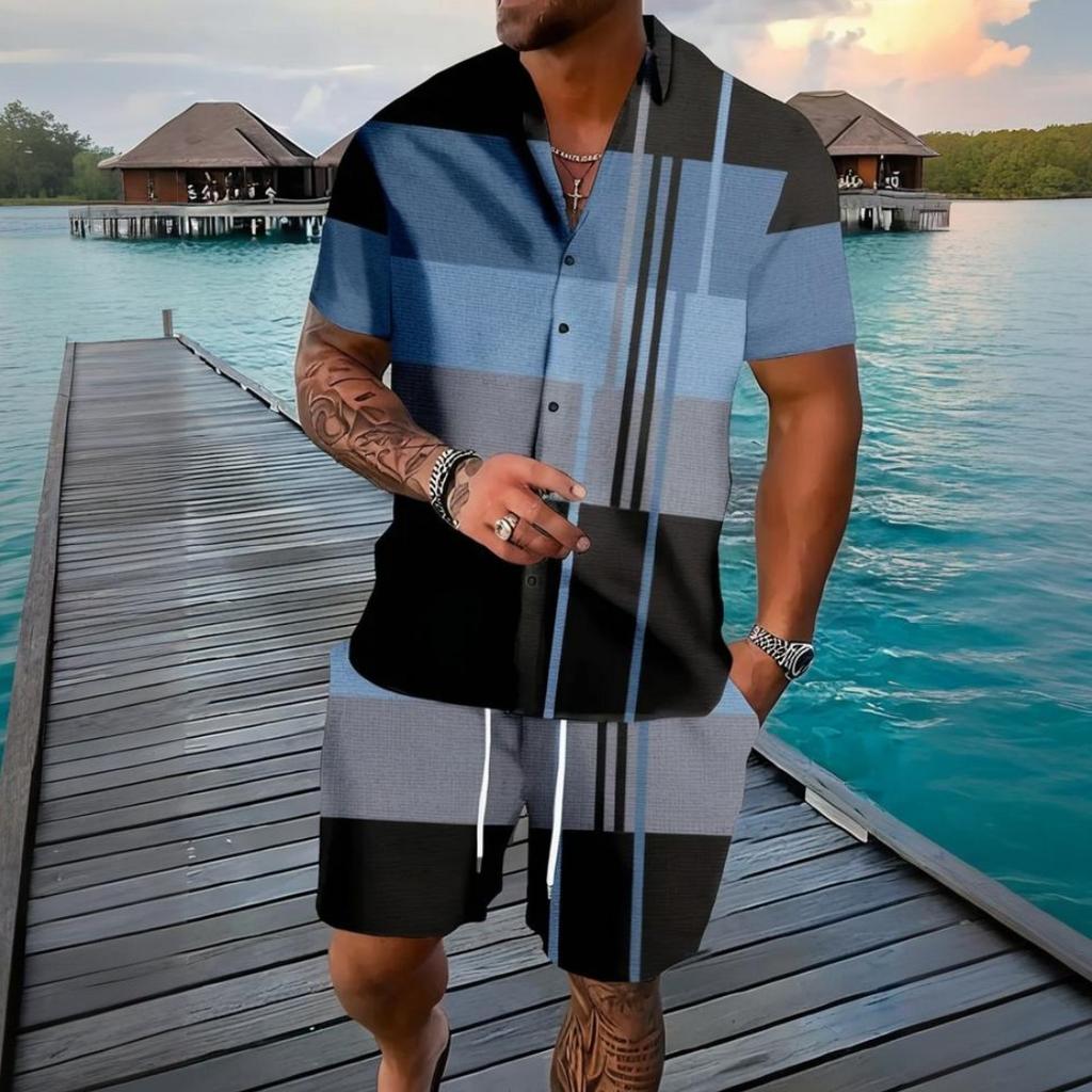 Traje Retro para Hombre Rayas Verano Exterior Manga Corta Moda Pantalones Cortos Casuales Simple Hawái Conjunto de 2 Piezas Ropa Oversize para Hombre