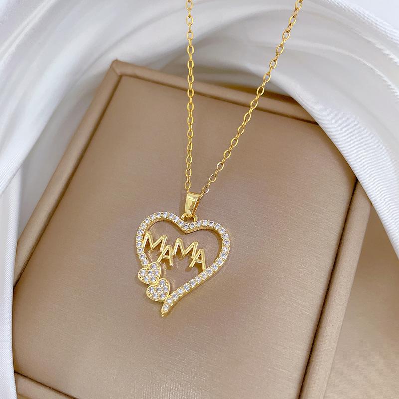 Micro Paved Zircon Heart MOM Letter Pendant Necklace For Women Mom Choker Stainless Steel Chain Jewelry Mini Mother's Day Gift
