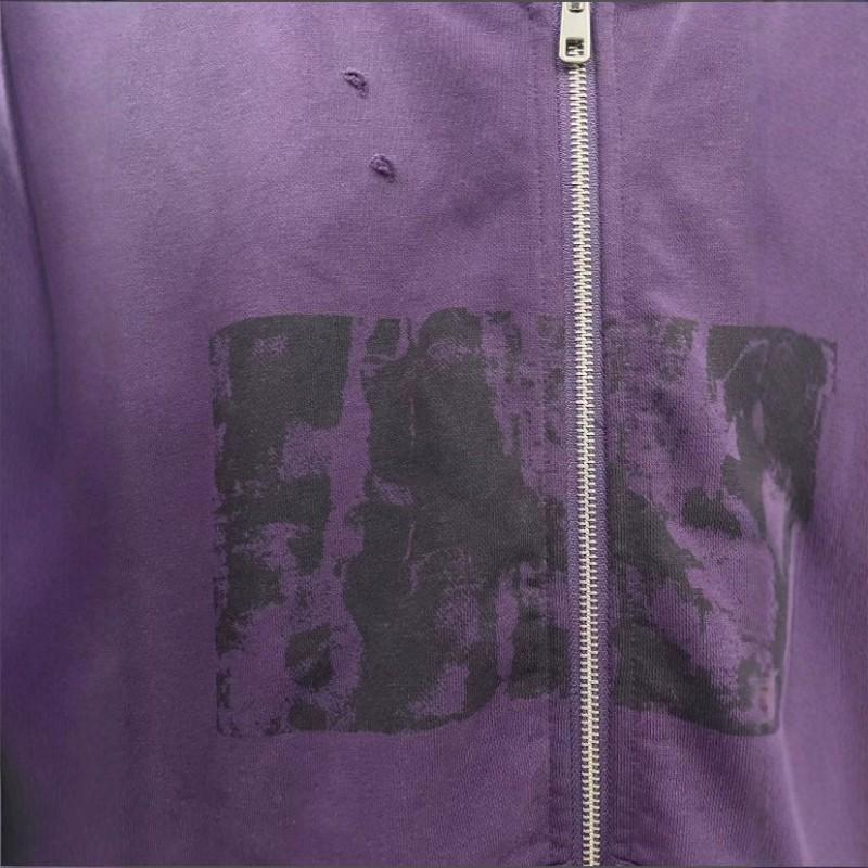 Unisex Streetwear Hooded Zip-Up Sweatshirt With Vintage Wash Print Kangaroo Pocket