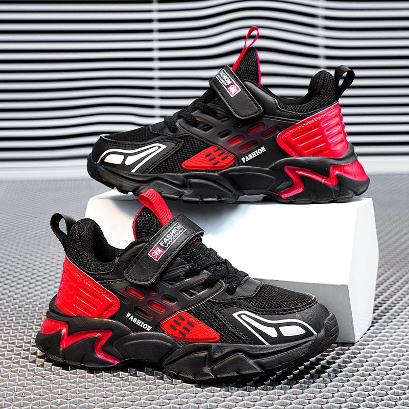 Children's Sports Shoes 2025 New Spring and Autumn Running Shoes Double Mesh Leather Surface Breathable Middle and Older Children's Fashion Velcro N