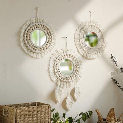 Bohemian Wall Hangings Mirrored Macrames Cotton Rope Leaf Pendants Tassels Wall Mirrored for Apartment Home Bedroom