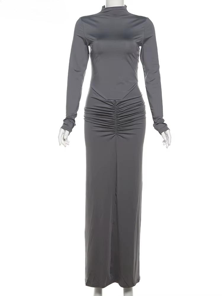 Weird Puss Hipster Ruched Dress Women o-NeckFull Sleeve  Skinny Stretch Robe Autumn Trend Simple Classic Pleats Long Bodycon