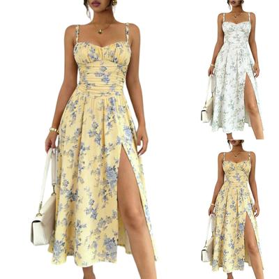 Women Floral Print Bohemian High Slit Spaghetti Strap Maxi Dress for Beach Holiday Casual Summer Outfits Sundress