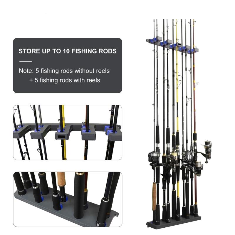 Vertical Fishing Rod Holder Wall Mounted Fishing Rod Rack, Store 10 Rods, Fishing Poles Holder Garage Vertical Rod Rack