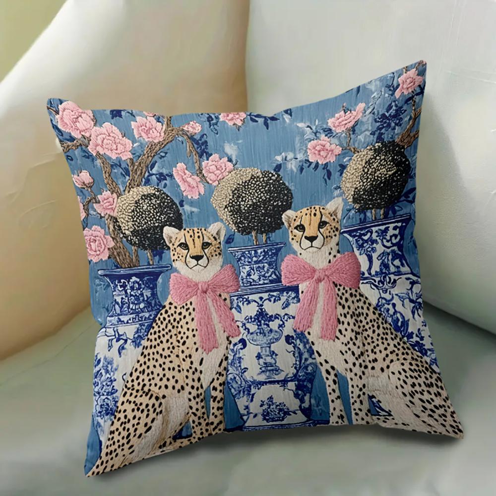 2D Flach- # Vintage Gepard Schleife Dekorativer Kissenbezug Chinoiserie Floral Blau und Weiß Porzellan Kissenhülle