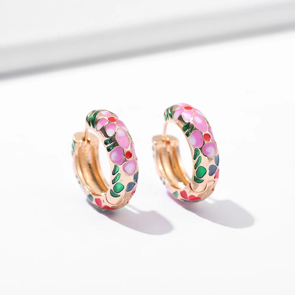 Vintage Multicolor Enamel Flower Round Hoop Earrings Boho Gold Color Circle Round Earrings Statement Jewelry Gifts for Women