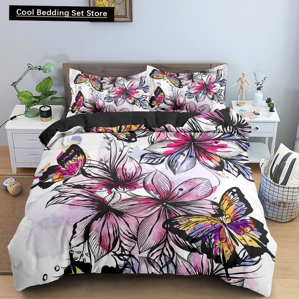 Butterfly Duvet Cover King Queen Size Animal Floral Bedding Set for Teens Adults Beautiful Flower 2/3pcs Polyester Quilt Cover