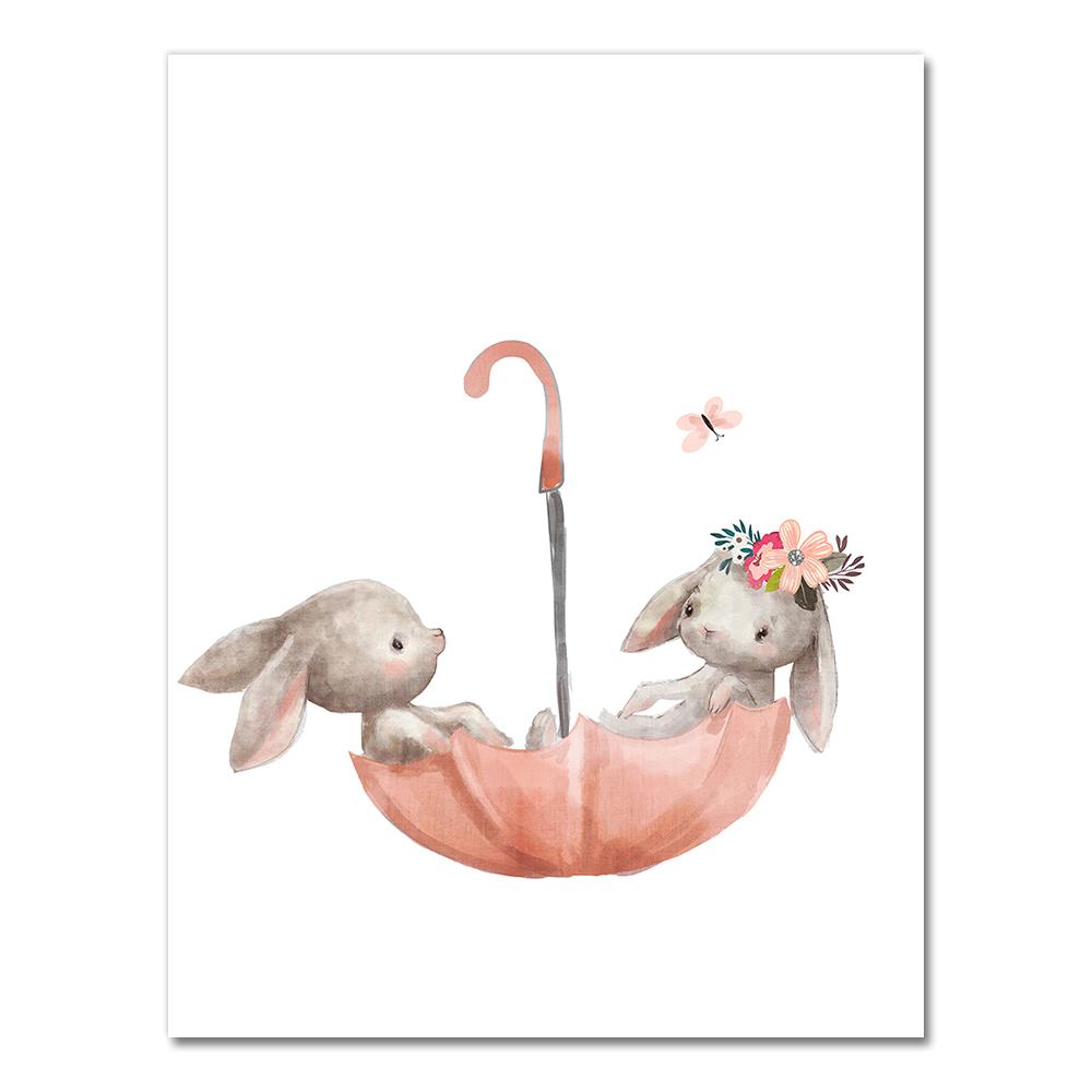 Bear Rabbit Art Canvas Print Baby Bunny Poster Nursery Painting Flower Animals Wall Art Nordic Poster Picture Kids Room Decor