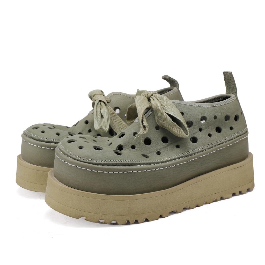 Johnature Thick Soled Hollow Hole Shoes Genuine Leather Lace Up Comfortable Women's Platform Sandals