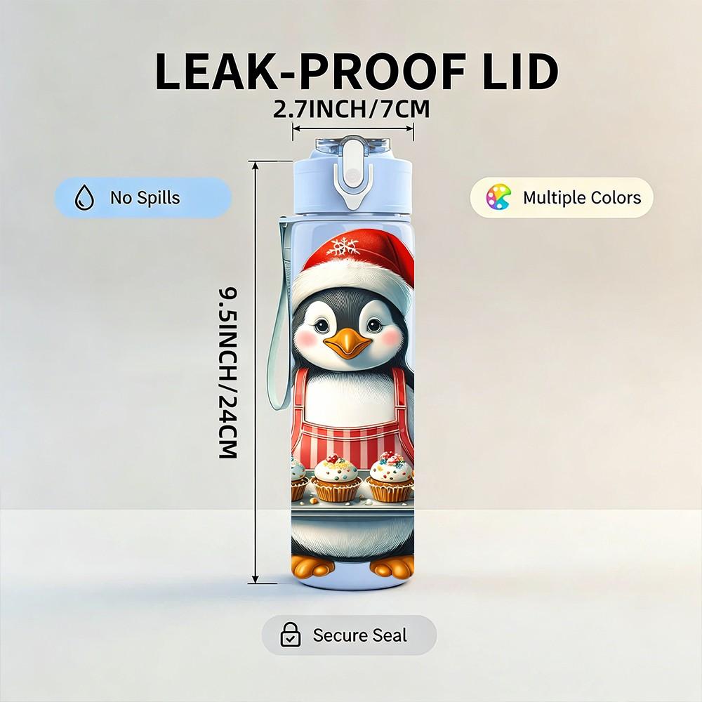 1PC Xmas Penguin Santa Hat Cartoon 750ml Color Plastic Sports Water Bottle Leakproof Flip Straw Lid Suitable for Sports Office Home Use
