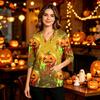 Women's Halloween Print V-Neck Scrub Top with Pockets and Side Slits - Three-Quarter Sleeve Casual Uniform