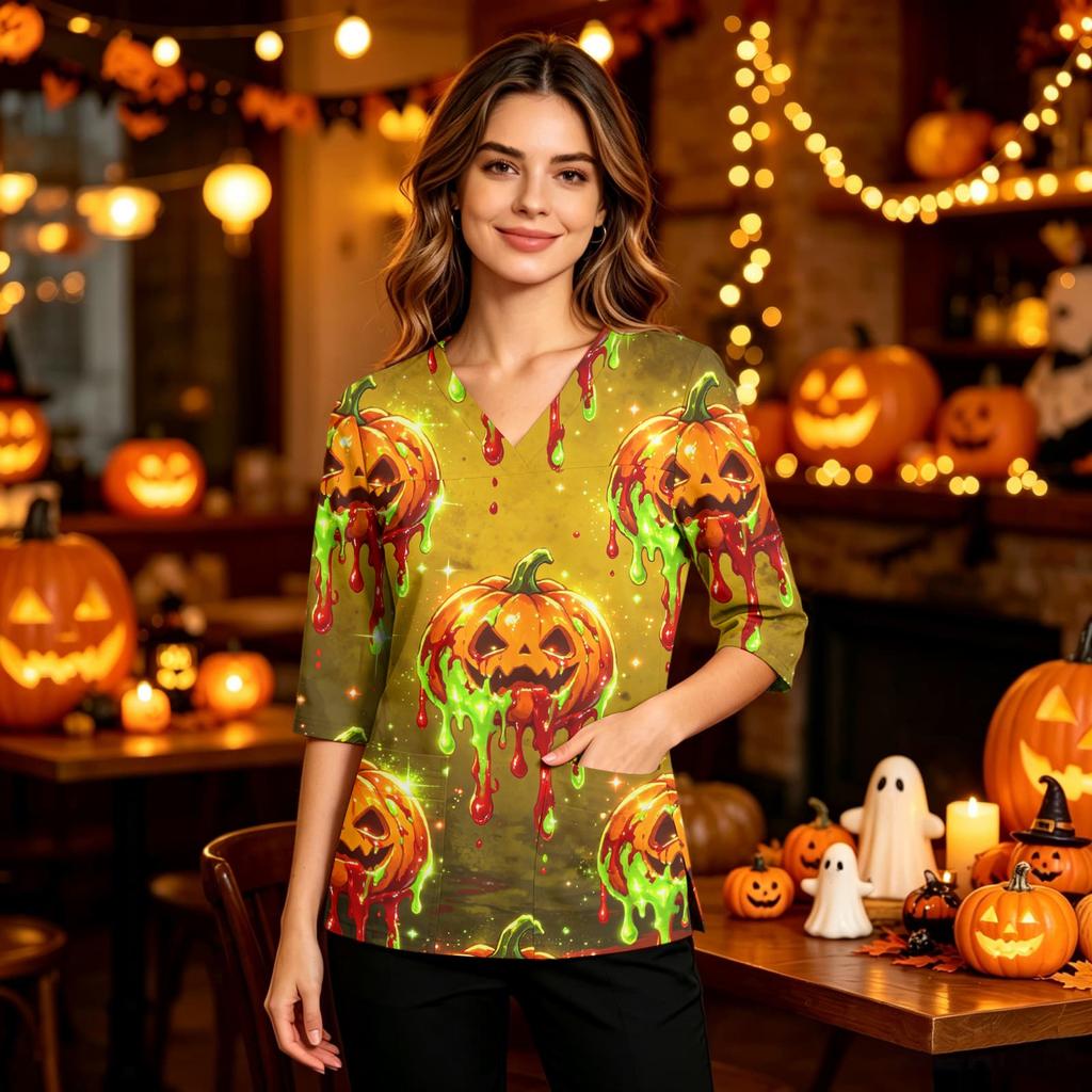 Women's Halloween Print V-Neck Scrub Top with Pockets and Side Slits - Three-Quarter Sleeve Casual Uniform