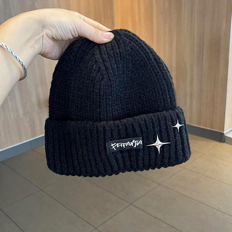

Versatile Style Hat Solid Color Starred Decorative Warm Knitted Hatsbeanie чорний