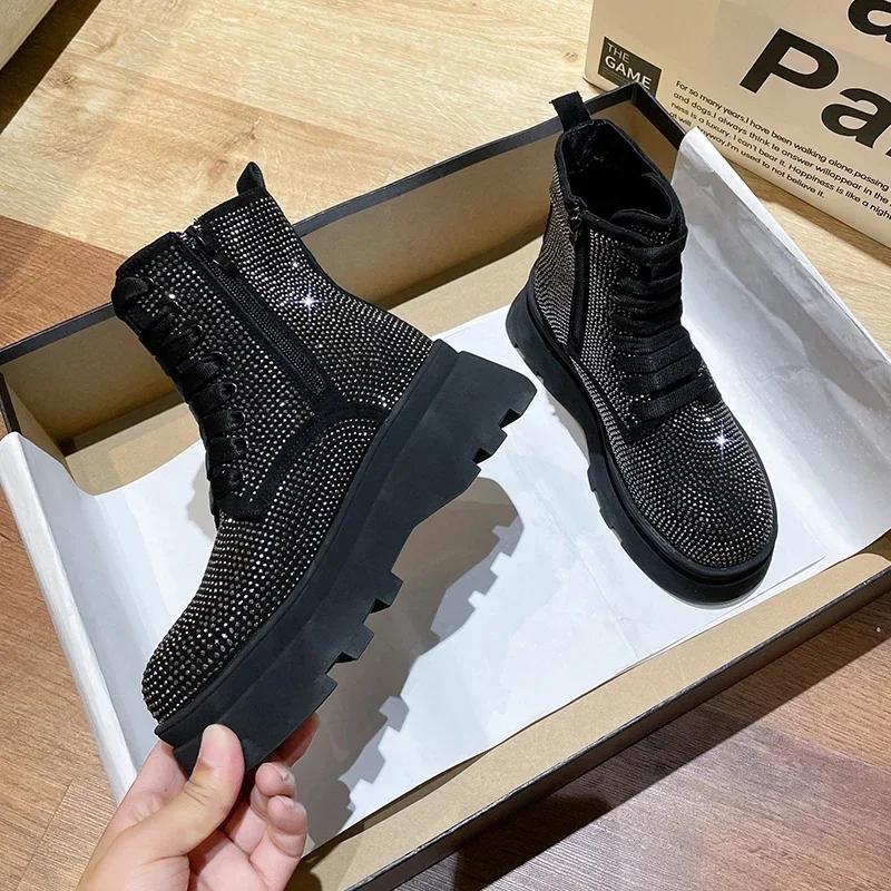 New Fashion Bling Crystal Chunky Ankle Boots for Women  Rhinestones Winter Shoes Woman Thick Bottom Platform Flat Boots