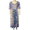 Summer Lady Dress Pleated Ethnic Style Print A-line Loose Hem Side Pockets Round Neck Soft Bohemian Short Sleeves Mid-calf Length Women Daily