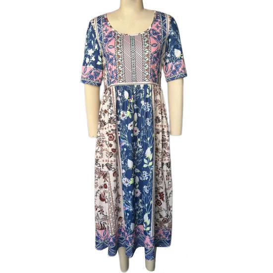Summer Lady Dress Pleated Ethnic Style Print A-line Loose Hem Side Pockets Round Neck Soft Bohemian Short Sleeves Mid-calf Length Women Daily