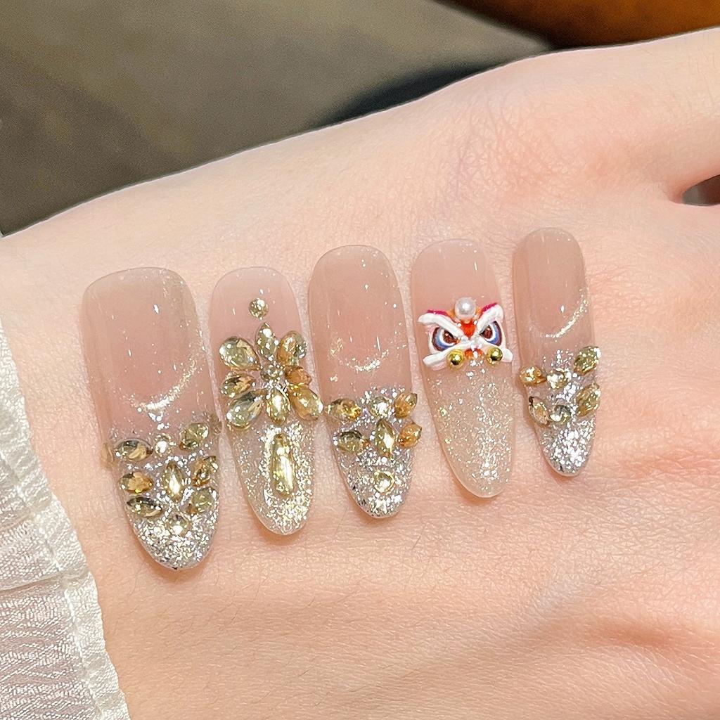 2026 New Year's Wear Nail Lion Nail Art Pure Handmade Cat's Eye Nail Art Handmade Fake Nail Patch Removable