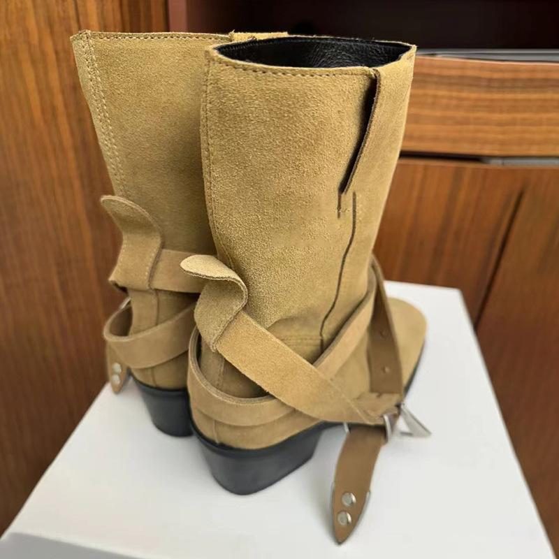 Odiniai matiniai senoviniai vakarietiški kaubojų batai, moteriški šiurkščiakulniai diržo sagtis Vidutiniai riteriniai batai Martin Boots