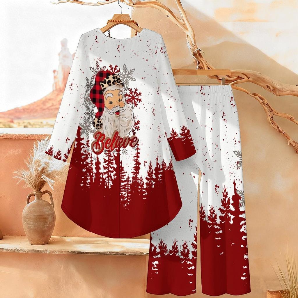 Christmas Print Two Piece Outfit Women Long Sleeve Irregular Hem Tunic Top Wide Leg Pants Casual Matching Set