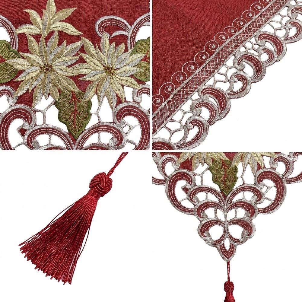 Polyester Table Scarf 40x175CM Red Festive Design with Embroidered Flowers and Hanging Tassel for Dining Table