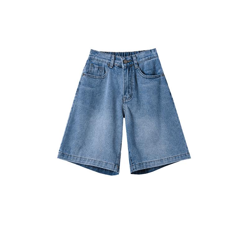 Retro Spicy Girl Elastic Waist Five-Point Denim Shorts – Women's Summer Mid-Length Wide-Leg Pants
