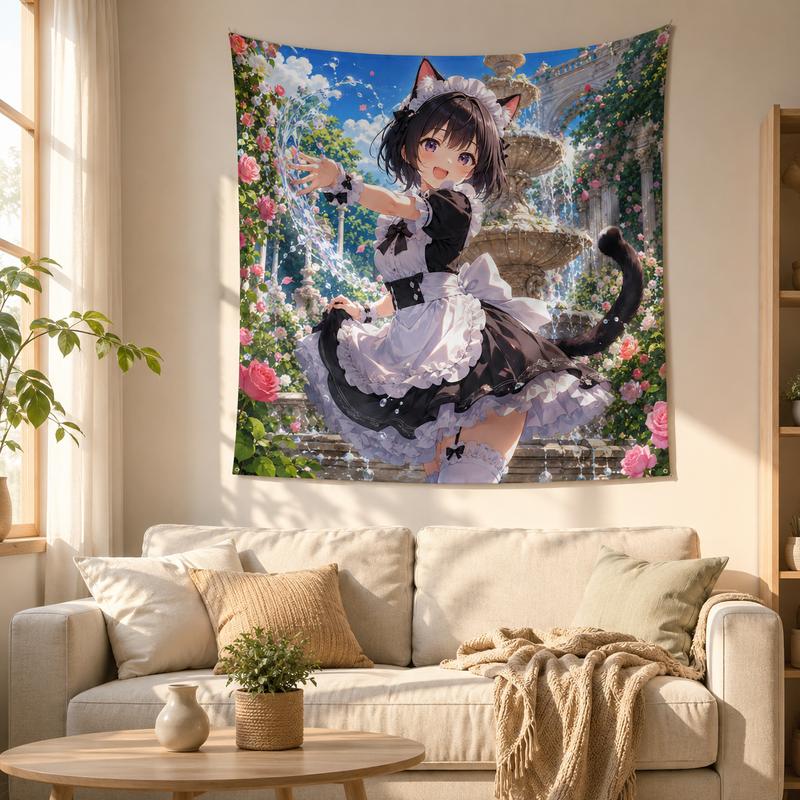 Cute Cat Maid Anime Wall Tapestry Sweet Pastel Style Teen Room Dorm Gaming Room Living Room Hanging Cloth Decor
