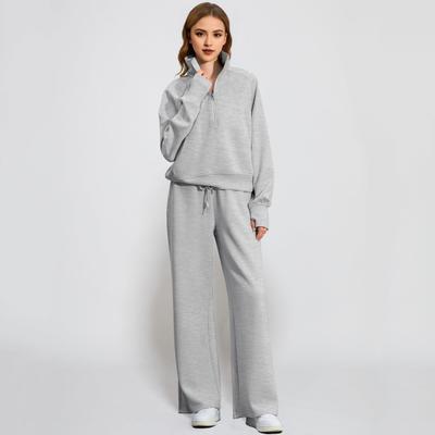 2 Pcs/Set Women Top Pants Set Half Zipper Turn-down Collar Long Sleeves Sweatshirt Elastic Waist Wide Leg Sweatpants Sport Outfit Autumn Casual