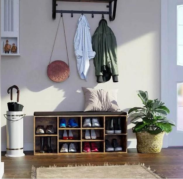 VASAGLE Shoe Bench, Shoe Shelf, Shoe Rack, Storage Cabinet, 10 Compartments, with Cushion, for Entryway, 104 X 30 X 48 Cm, Rustic Brown