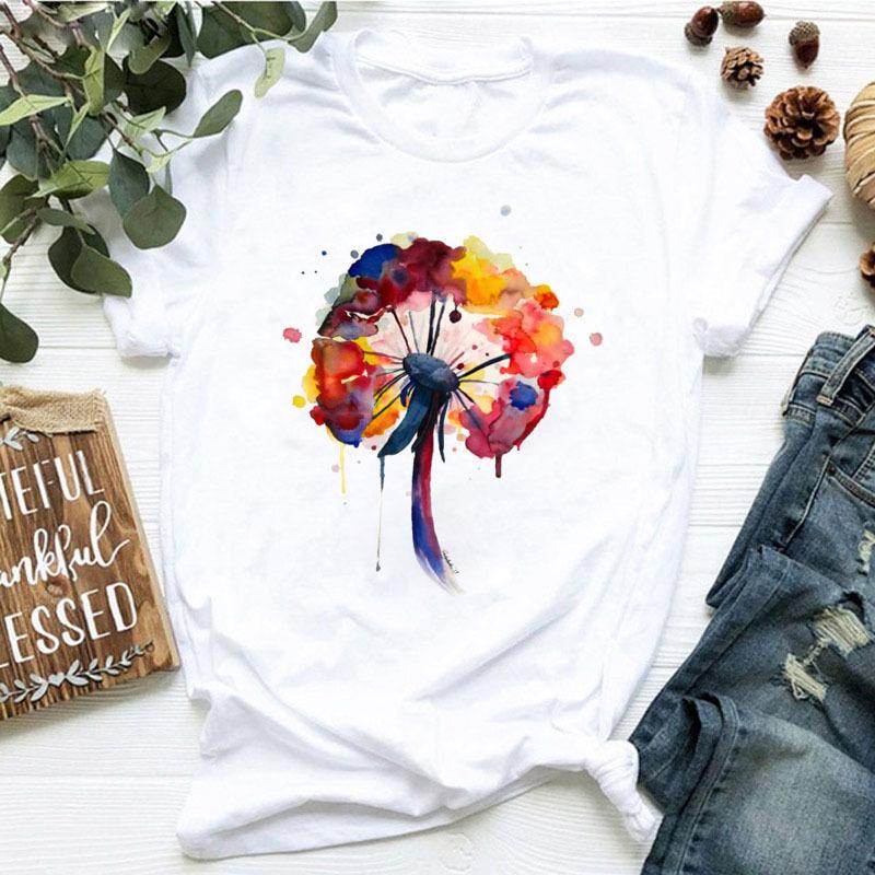 Women's dandelion floral print letter t-shirt - Trendy women's T-shirt with short sleeves Summer polyester fabric