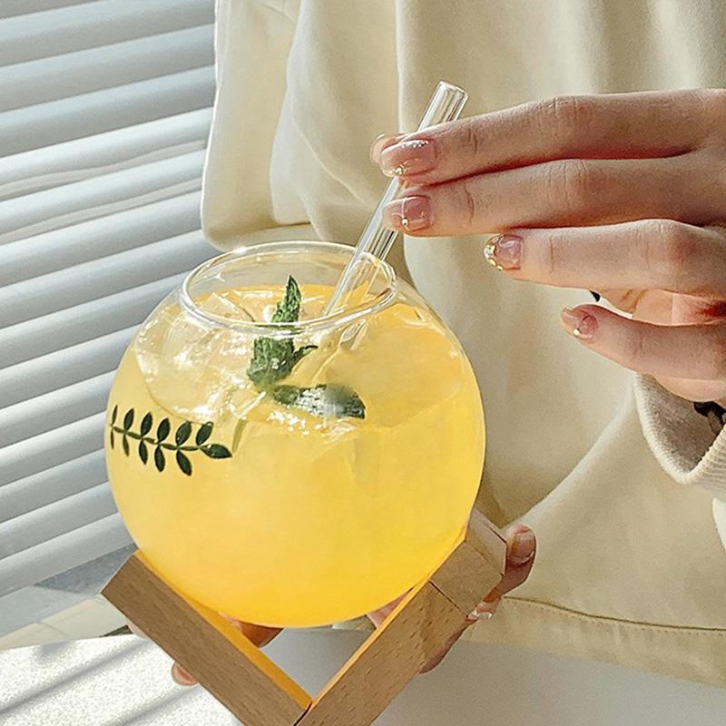 1PC Creative Spherical Cocktail Cup Glass Wood Stand Glassware Nordic Style Moon