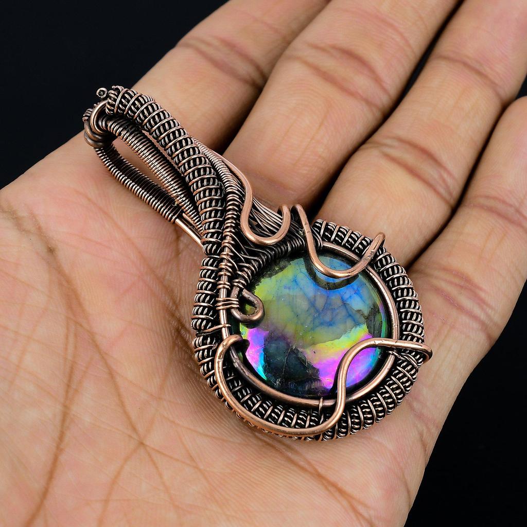 Aura Shell Labradorite Pendant Gemstone Handmade Jewelry, 999 Copper Wire Wrapped Pendant, Gift For Wife Jewelry
