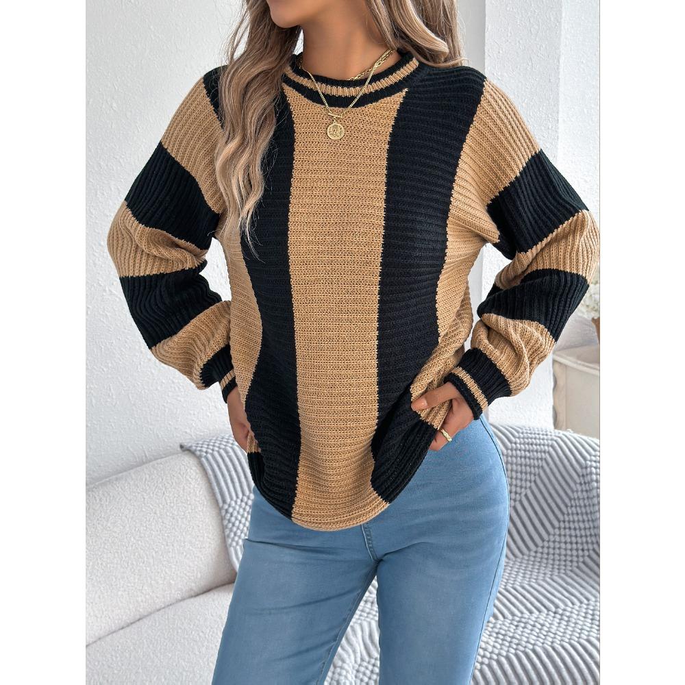 Fashionable Women's Hoodie: Casual Contrast-Striped Lantern-Sleeve Pullover Knitwear