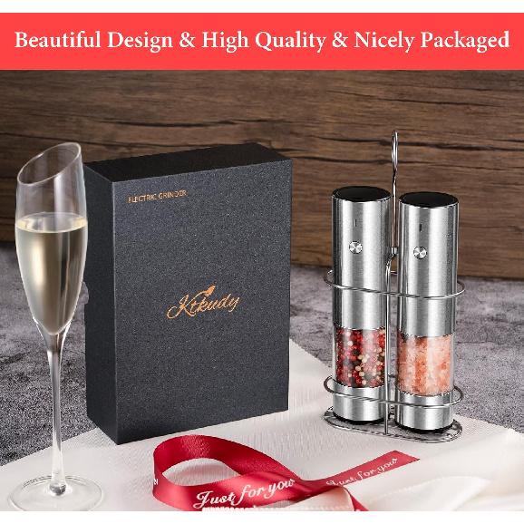 Rechargeable Electric Salt and Pepper Grinder Set with Holder - Nicely Packaged Giftable - No Battery Needed - Automatic Pepper Mill & Adjustable