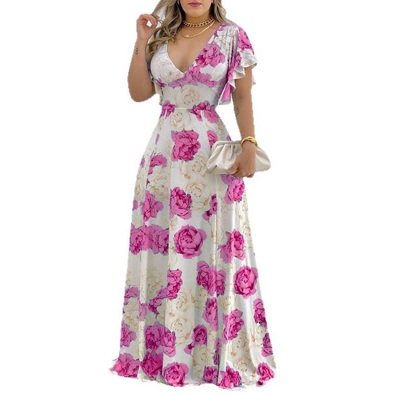 2026 Womens Floral Print V-Neck High-Waist A-Line Maxi Dress Office Date Elegant Chic